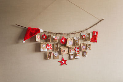 High angle view of christmas decorations on table