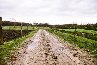 Road passing through agricultural field against sky