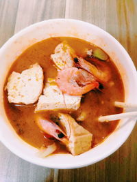 High angle view of soup in bowl on table