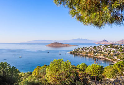 Scenic view of sea against clear blue sky