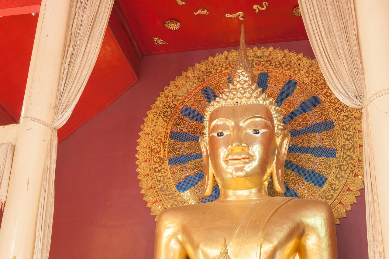 LOW ANGLE VIEW OF BUDDHA STATUE IN BUILDING