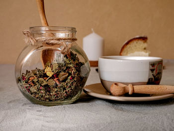 Close-up of breakfast on table