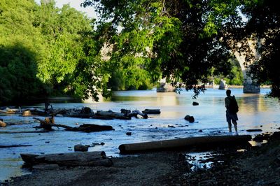 Rear view of woman photographing lake by trees