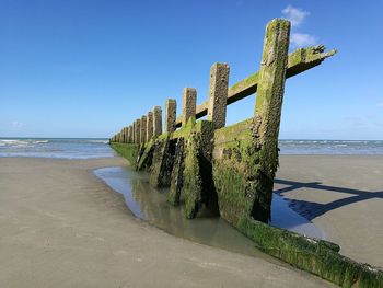 Old damaged at beach against blue sky