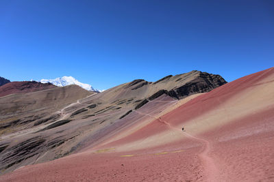 Scenic view of snowcapped mountains against clear blue sky