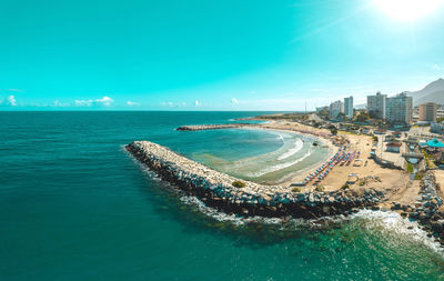 High angle view of sea against blue sky