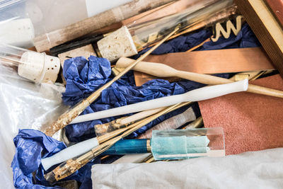 High angle view of paintbrushes on table