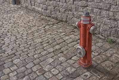 High angle view of fire hydrant on sidewalk