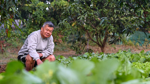 A senior farmer looks proudly at the camera in the vegetable field.