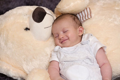 High angle view of baby sleeping in toy