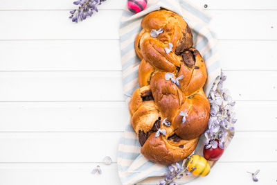 Tsoureki traditional baked greek easter sweet bread.  easter time, springtime. holiday food concept.