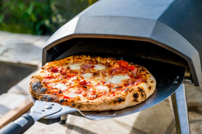 High angle view of pizza on table