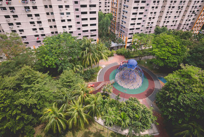 High angle view of trees and plants in city