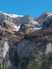 Scenic view of mountains against clear blue sky