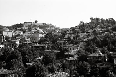 High angle shot of townscape against clear sky