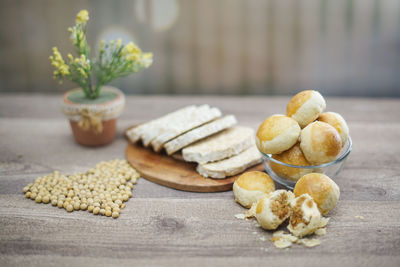 Close-up of breakfast served on table