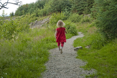 Rear view of woman walking on dirt road