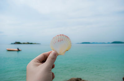 Close-up of hand holding ice cream against sea