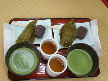 Close-up of food served on table