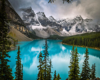 Panoramic view of lake and mountains against sky