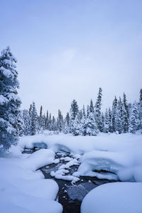 Snow covered landscape against clear sky