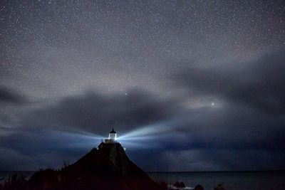 Distance view of lighthouse on mountain against star field at night