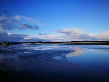 Scenic view of sea against blue sky