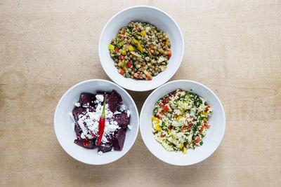 High angle view of breakfast served on table