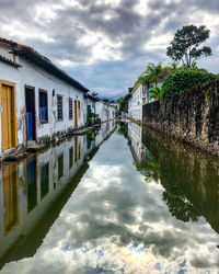 Reflection of houses and trees on river against sky