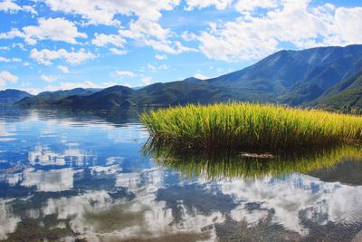 Scenic view of lake and mountains against sky