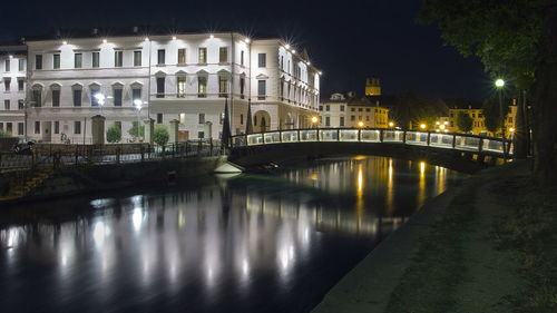 Bridge over river by illuminated buildings at night