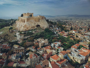 High angle view of parthenon aand athens against sky