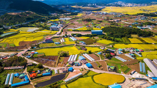 High angle view of houses in town