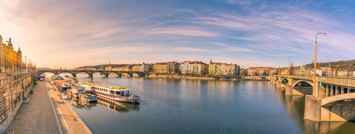 Panoramic shot of river in city against sky during sunset