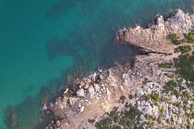 Top view of the mediterranean seashore from a drone in spain
