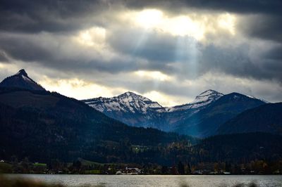Scenic view of mountains against sky during winter
