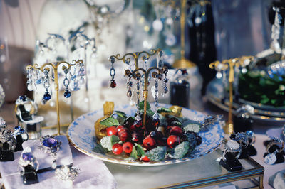 Close-up of christmas decorations on table