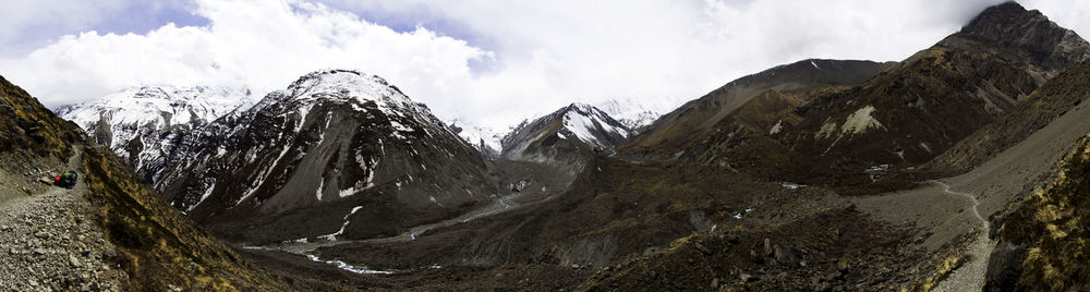 Panorama of mountains and snow in the himalayas trekking along annapurna circuit in nepal.