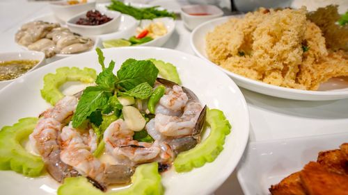 High angle view of food in plate on table