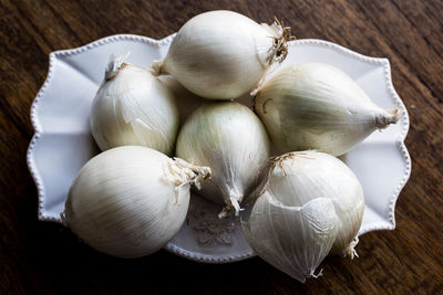 High angle view of garlic on table