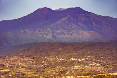 Scenic view of volcanic mountain against sky