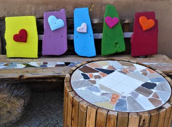 High angle view of multi colored art on table