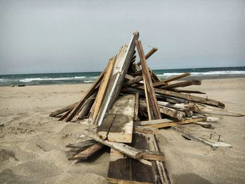 Driftwood on beach against sky