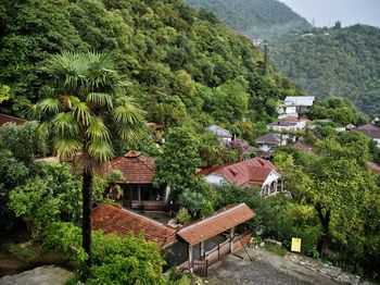 High angle view of trees and buildings against mountains