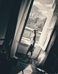 Man on window of building