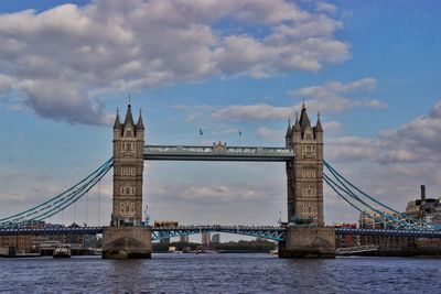 View of suspension bridge over river against cloudy sky
