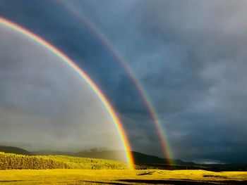 Scenic view of rainbow over land against sky