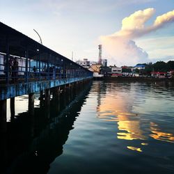 Reflection of factory on water against sky