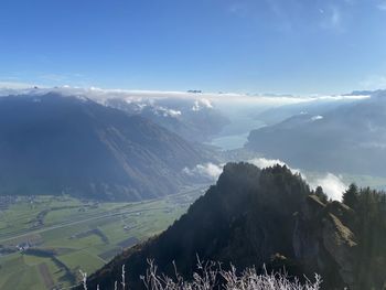 Aerial view of snowcapped mountains against sky