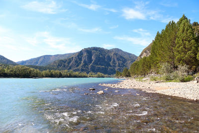 Scenic view of lake and mountains against sky